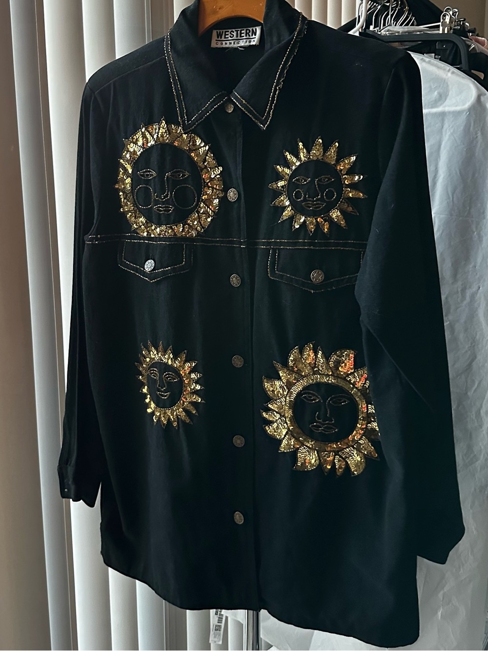 Vintage Western Sequin Black Jacket with Gold Sun Embellishments Cotton Size-L